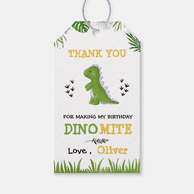 Étiquettes-cadeau Dinosaur fête anniversaire garçon vert Merci jaune (Devant)