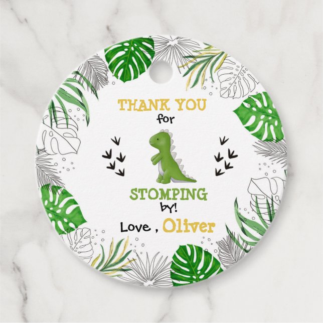 Étiquettes Cadeau Dinosaur fête anniversaire garçon vert Merci jaune (Devant)