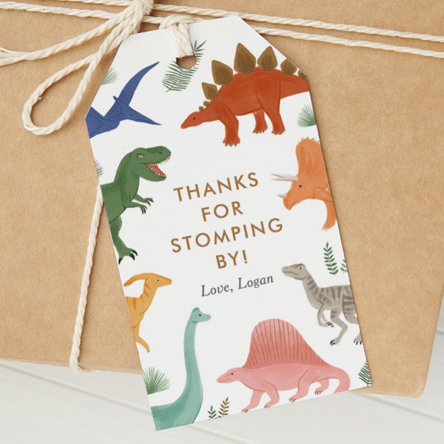 Étiquettes-cadeau Dinosaur fête d'anniversaire Merci Stomping By (Créateur téléchargé)