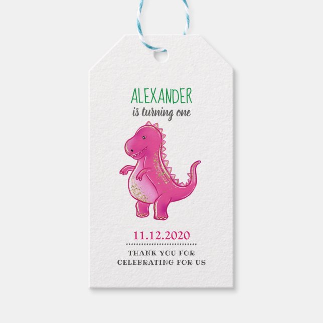Étiquettes-cadeau Dinosaur fête d'anniversaire | Pink Trex Dino Merc (Devant)