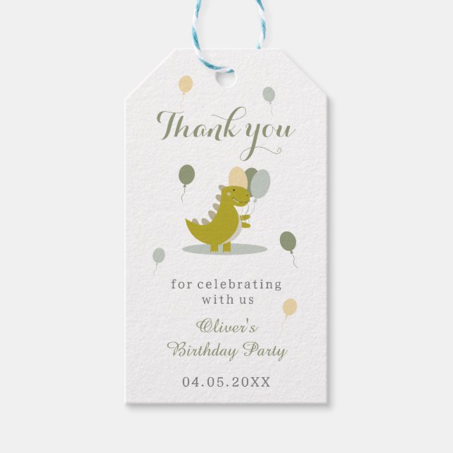 Étiquettes-cadeau Dinosaur Gris Vert Premier Merci d&#x27;anniversaire (Devant)
