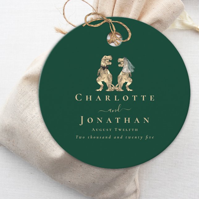 Étiquettes Cadeau Dinosaur Mariage vert personnalisé (Dinosaur wedding dark green custom favor tag T-Rex dino bride and groom elegant modern typography )