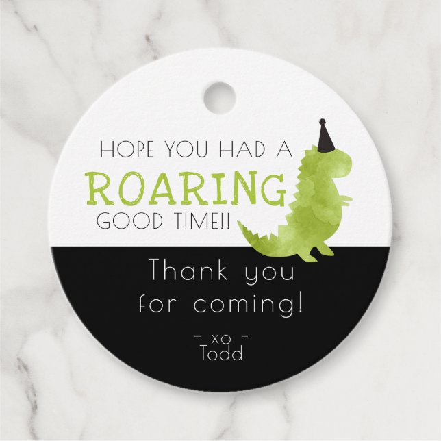 Étiquettes Cadeau Dinosaur thème fête rugir bon temps Merci (Devant)