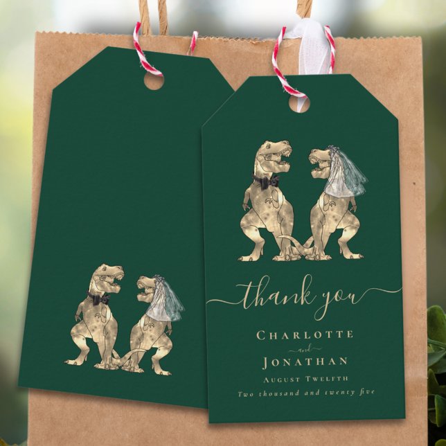 Étiquettes-cadeau Dinosaur Thème Mariage Merci (Dinosaur theme wedding dark green thank you personalized favor tags elegant modern script T-Rex dino)