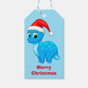 Étiquettes-cadeau Dinosaure Bébé Bleu mou à Santa Hat
