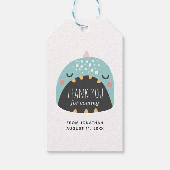 Étiquettes-cadeau Dinosaure bleu. Mon anniversaire, merci. Fête des  (Devant)