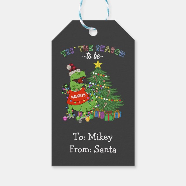 Étiquettes-cadeau Dinosaure Noël C'est la saison Naughty (Devant)