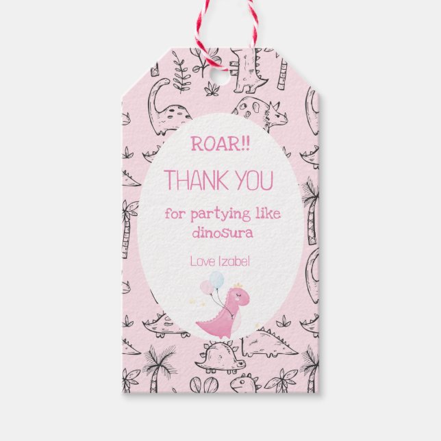 Étiquettes-cadeau Dinosaure Roar Dinosaure Fille Rose Cute (Devant)