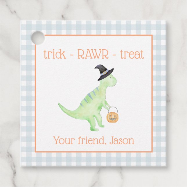 Étiquettes Cadeau Dinosaure Treat Rawr Bleu Orange Halloween Enfants (Devant)