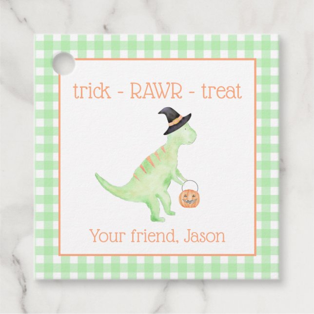 Étiquettes Cadeau Dinosaure Treat Rawr Vert Orange Halloween Enfants (Devant)