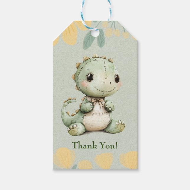 Étiquettes-cadeau Dinosaure Vert 1er anniversaire Merci de fête (Devant)