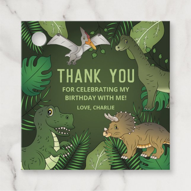 Étiquettes Cadeau Dinosaures Sur Le Merci Vert Anniversaire (Devant)