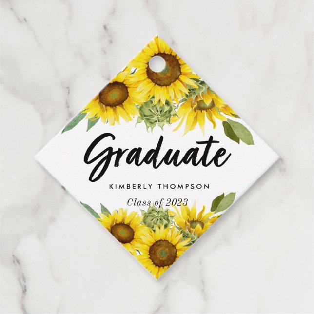 Étiquettes Cadeau Diplômé Tournesol Script de Remise de Diplômes Per (Devant)