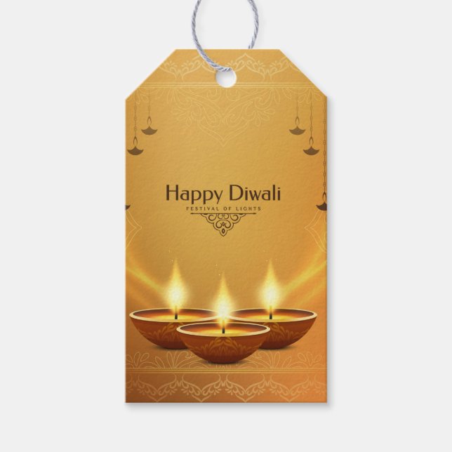 Étiquettes-cadeau Diwali d'or avec Diya (Devant)