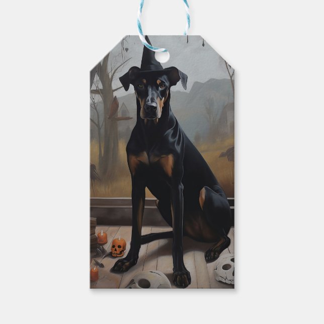 Étiquettes-cadeau Doberman Citrouilles Halloween Épouvantable (Devant)