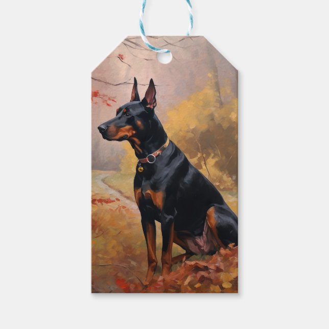 Étiquettes-cadeau Doberman en automne Feuilles automne Inspire (Devant)