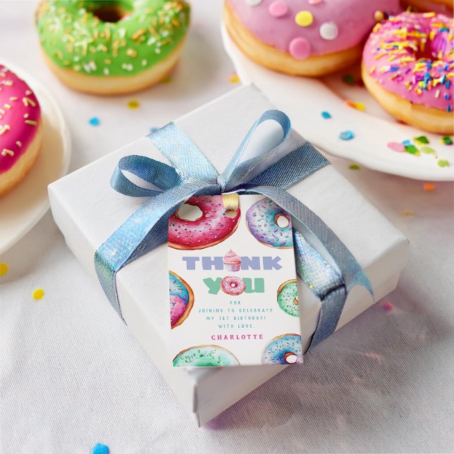 Étiquettes-cadeau Donut 1ère fête d'anniversaire fille mignonne Merc (Créateur téléchargé)