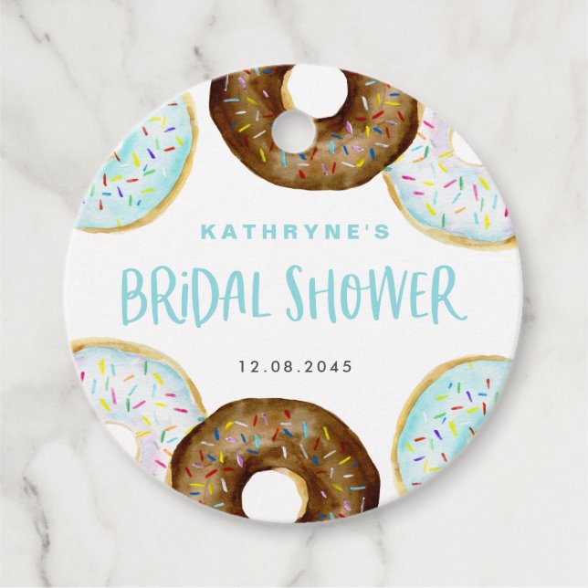 Étiquettes Cadeau Donuts Mariage Bleu et Chocolat avec Décorations (Devant)