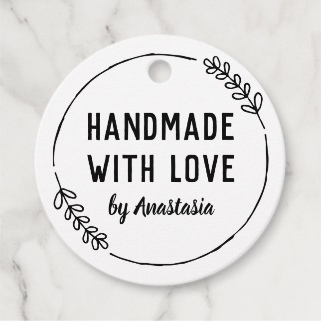 Étiquettes Cadeau Doodle Wreath fait main avec amour (Devant)