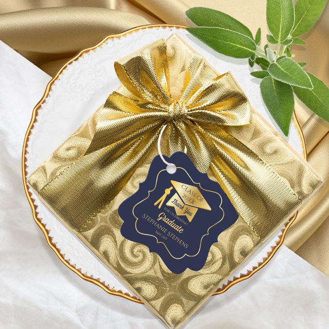 Étiquettes Cadeau Dorée | Blue Grad Classe Casquette de 2023 Merci (Créateur téléchargé)