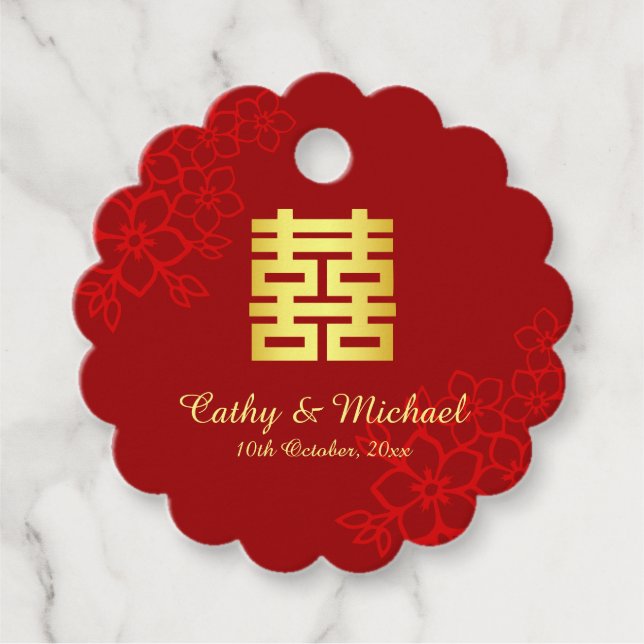 Étiquettes Cadeau Double bonheur arrière - plan floral mariage chino (Devant)