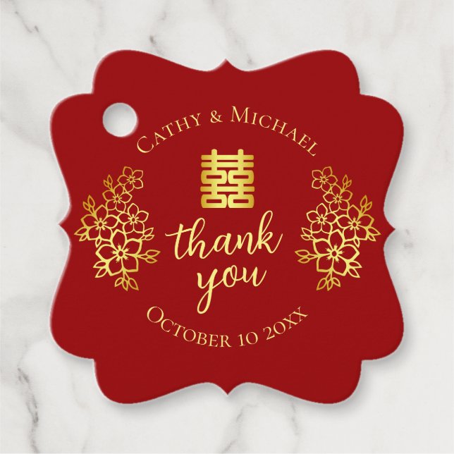 Étiquettes Cadeau Double bonheur floral merci mariage chinois (Devant)
