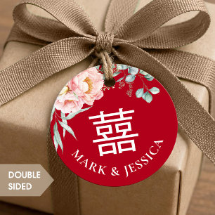 Étiquettes Cadeau Double Bonheur Pivoine Rouge Mariage Rond