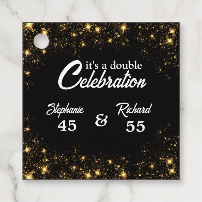 Étiquettes Cadeau Double célébration Joyeux Anniversaire Noir Or (Devant)