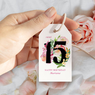 Étiquettes-cadeau Douce 15 Fleur Nombre 15e Anniversaire