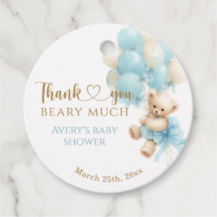 Étiquettes Cadeau Douce Fête Bébé Garçon Ourson Bleu Ballon Ruban