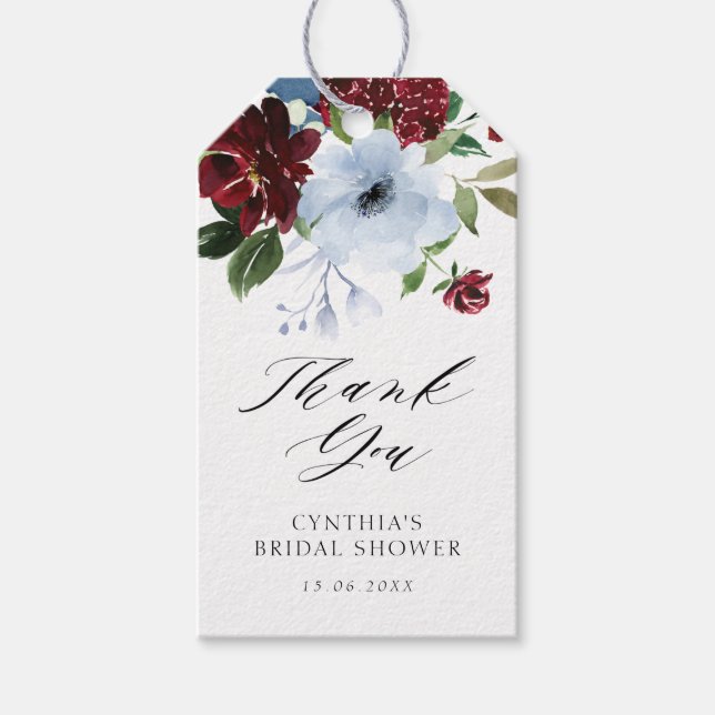 Étiquettes-cadeau douche à nuptiale bordeaux et bleu clair (Devant)