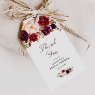 Étiquettes-cadeau douche à nuptiale fleurie bordeaux et rousses