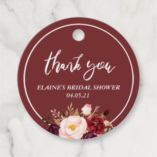 Étiquettes Cadeau Douche à nuptiale florale bordeaux merci