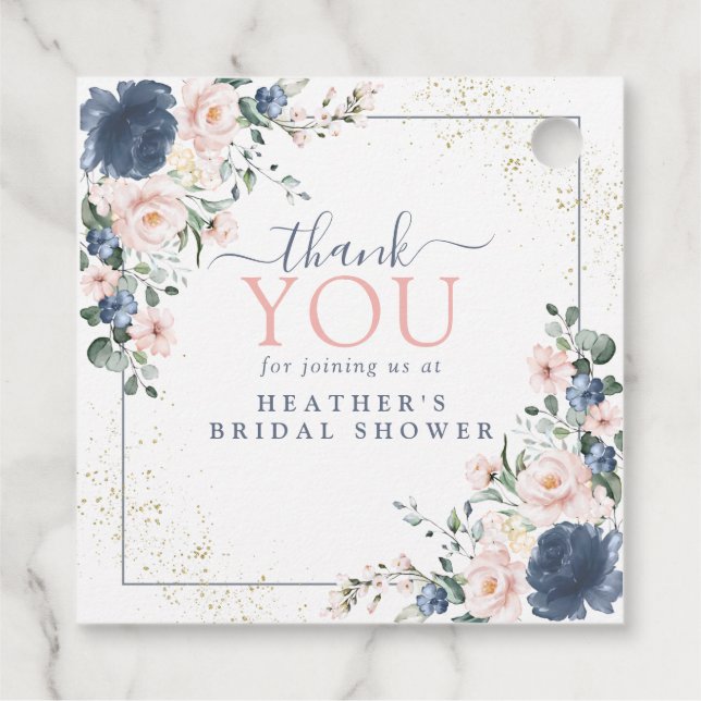 Étiquettes Cadeau Douche Bleu Rose Doré Floral Fête de Mariage (Dos)