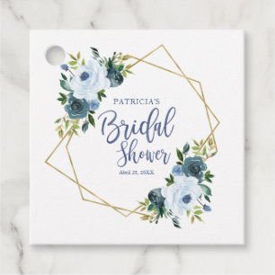 Étiquettes Cadeau Douche de Mariée Fleurie Or et Bleu Poussière Géom