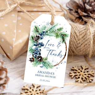 Étiquettes-cadeau Douche d'hiver nuptiale d'aquarelle de pins d'eau