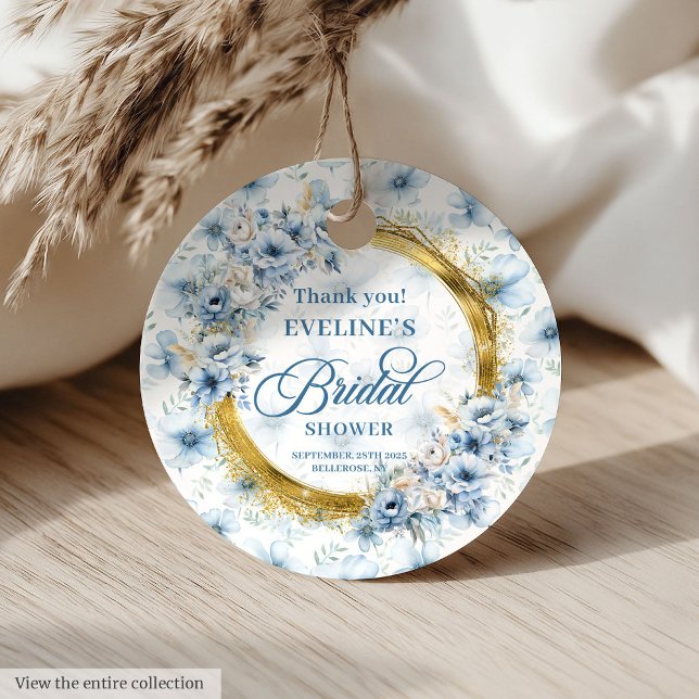 Étiquettes Cadeau Douche florale pailletée or et bleu pastel bohème (Bohemian Pastel Blue Gold Glitter Floral Shower Favor Tags)