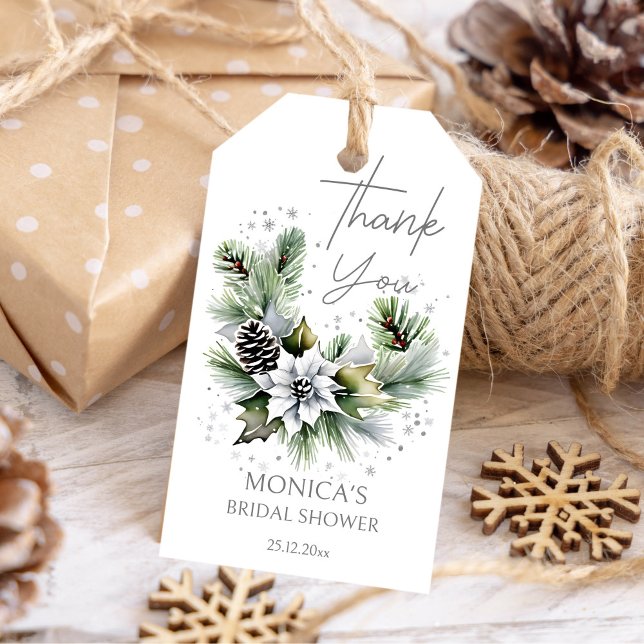 Étiquettes-cadeau Douche nuptiale d'hiver poinsettia blanche merci (White poinsettia winter bridal shower thank you gift tags elegant watercolor pines poinsettia favor )