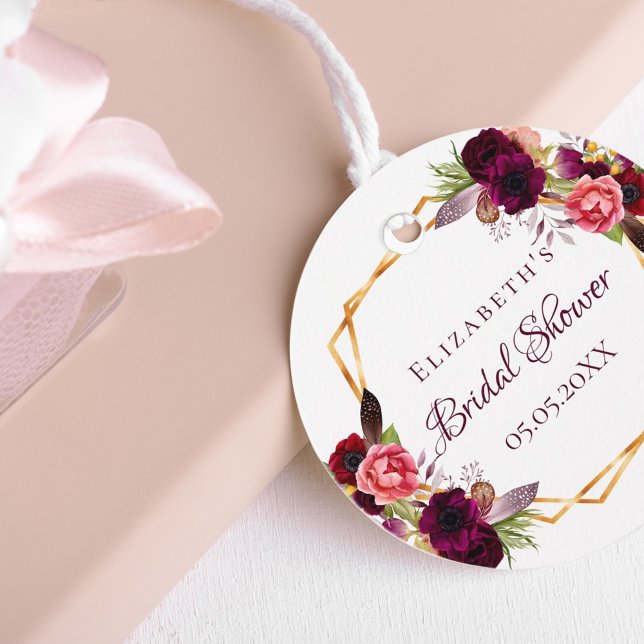 Étiquettes Cadeau Douche nuptiale or floral géométrique bordeaux (Créateur téléchargé)