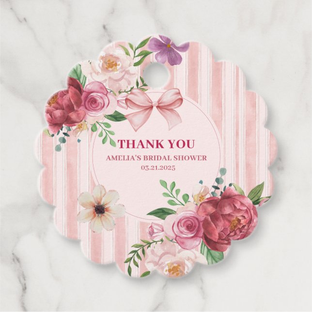 Étiquettes Cadeau Douche vintage fleurie Coquette arc rose (Devant)