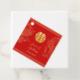 Étiquettes Cadeau Dragon mariage chinois en or rouge et phoenix