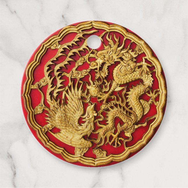 Étiquettes Cadeau Dragon Phoenix Red Gold Mariage chinois (Devant)