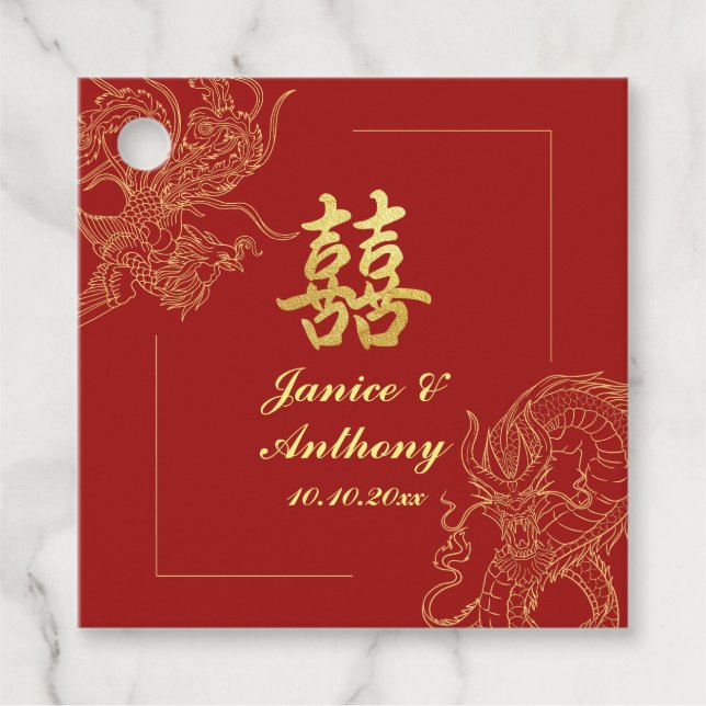 Étiquettes Cadeau Dragon Phoenix traditionnel Mariage chinois rouge  (Devant)
