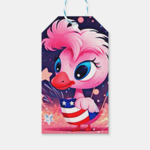 Étiquettes-cadeau Drapeau américain avec dessin animé de flamant ros