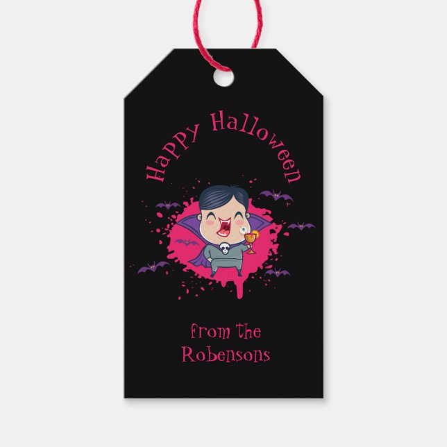Étiquettes-cadeau Drapeau cadeau pour Halloween avec mignon vampire. (Devant)