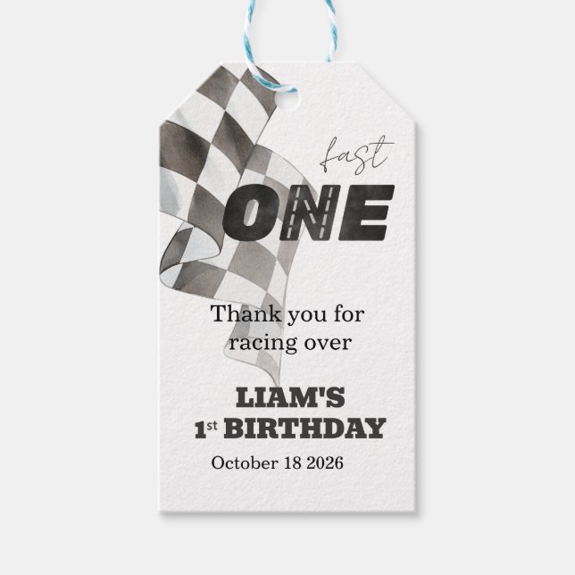 Étiquettes-cadeau Drapeau de course d'anniversaire Fast ONE 1er thèm (Devant)