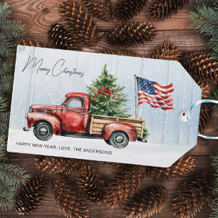 Étiquettes-cadeau Drapeau Vintage Noël Rouge Camion Patriotique USA