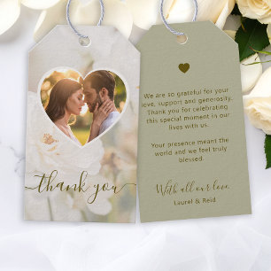 Étiquettes-cadeau Dreamy White Rose Heart Photo Mariage Merci