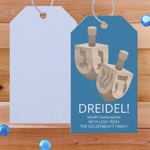 Étiquettes-cadeau Dreidel Chêne Rustique Hanoukka Amusant Bleu Et Bl