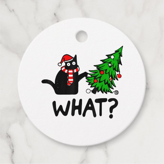 Étiquettes Cadeau Drôle cadeau de chat noir Poussant l'arbre de Noël (Devant)